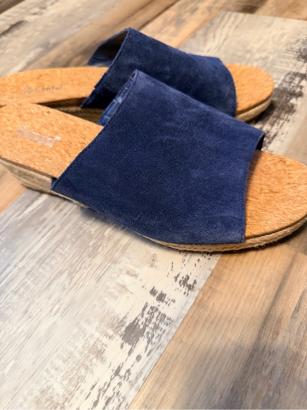 Bjorndal Navy Suede Slip On w/ Cork Wedge Espadrille Sandals EUC